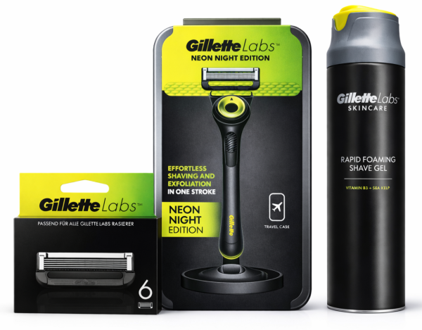 Gillette Labs Neon набір: станок (ручка + 2 картриджі), змінні картриджі Labs (6 шт), гель для гоління 198 мл, косметичка
