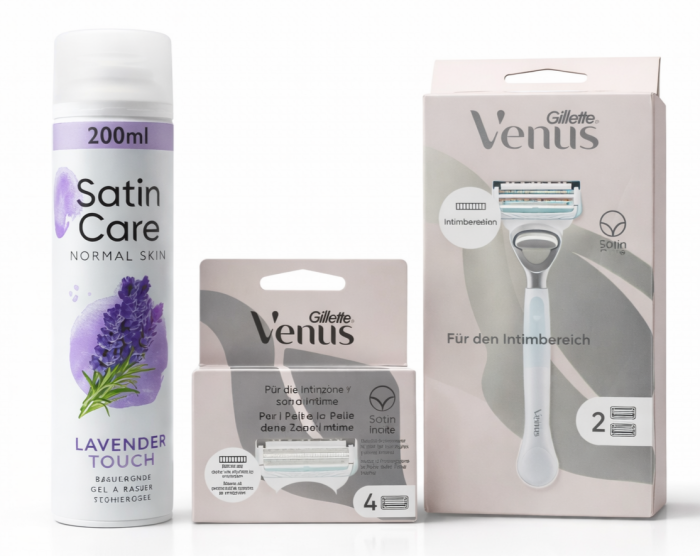 Venus Satin Care Bikini Станок 2 (Ручка+2 картриджі)+Satin Care Bikini змінні картриджі (4 шт)+Satin Care Гель для гоління Lavanda 200 мл