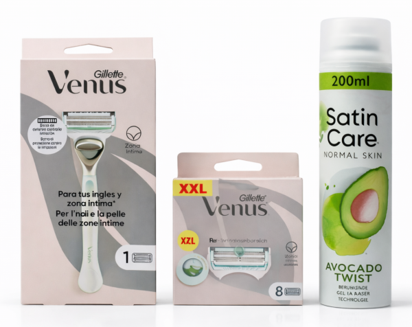 Venus Satin Care Bikini набір: станок (ручка + 1 картридж), змінні картриджі (8 шт), гель для гоління Avocado 200 мл
