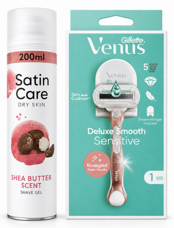 Venus Deluxe Rosegold 1+Satin Care Shea Butter Гель для гоління 200мл ( Ручка+1 картридж+тримач+ гель для гоління)