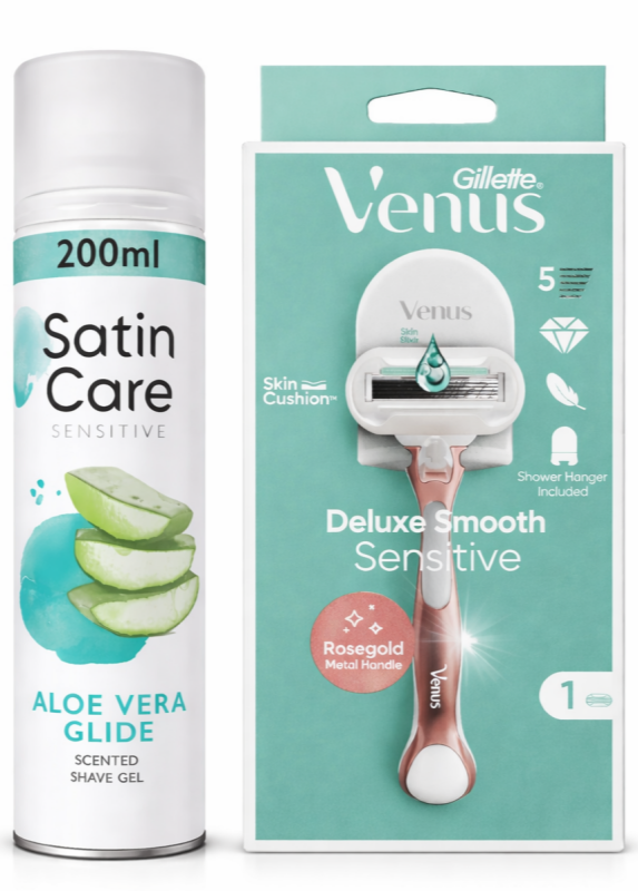 Venus Deluxe Rosegold 1+Satin Care Aloe Гель для гоління 200мл ( Ручка+1 картридж+тримач+ гель для гоління)
