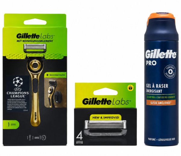 Gillette Labs Gold Станок 1 картридж + Labs (4 шт) Змінні картриджі+Gillette Pro Sensitive Гель для гоління +🎁 Брендована косметичка Gillette