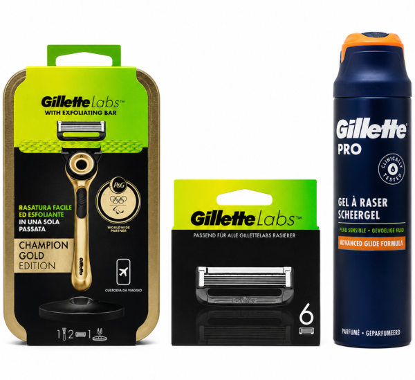 Gillette Labs Gold Станок 2 картриджі + футляр + Labs (6 шт) Змінні картриджі+Gillette Pro Sensitive Гель для гоління+🎁 Брендована косметичка Gillette