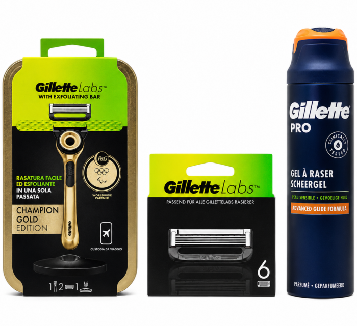 Gillette Labs Gold Станок 2 картриджі + футляр + Labs (6 шт) Змінні картриджі+Gillette Pro Sensitive Гель для гоління+🎁 Брендована косметичка Gillette