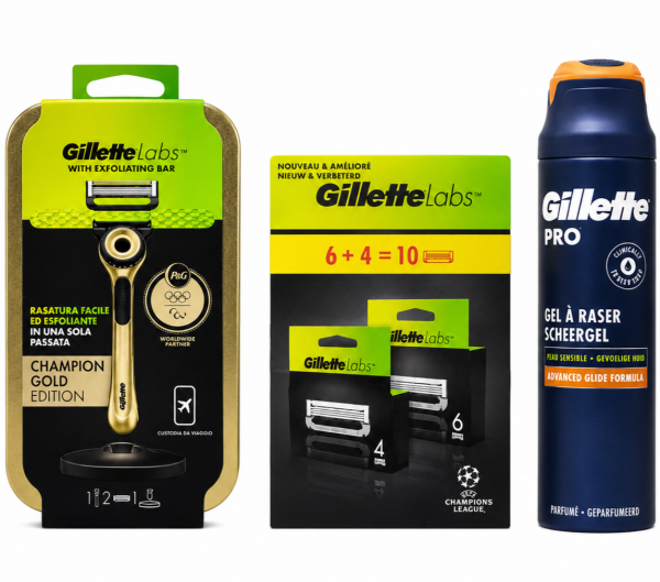 Gillette Labs Gold Станок 2 картриджі + футляр + Labs Box (10 шт) Змінні картриджі+Gillette Pro Sensitive Гель для гоління +🎁 Брендована косметичка Gillette