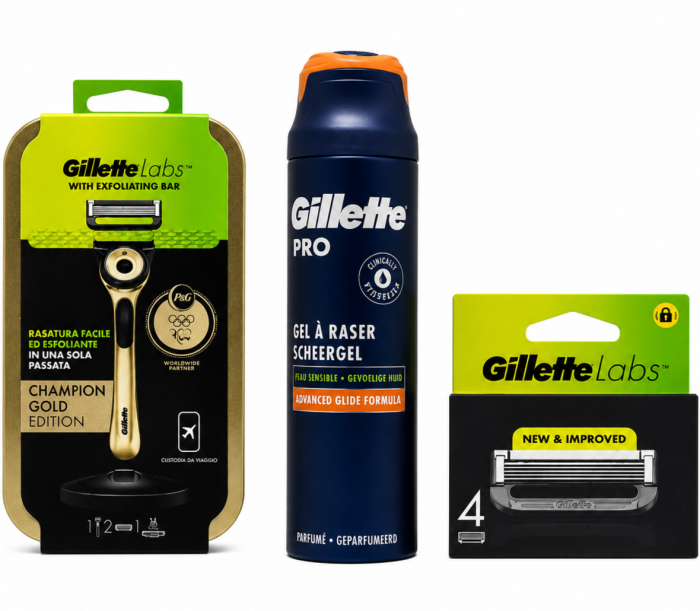 Gillette Labs Gold Станок 2 картриджі + футляр + Labs (4 шт) Змінні картриджі+Gillette Pro Sensitive Гель для гоління +🎁 Брендована косметичка Gillette