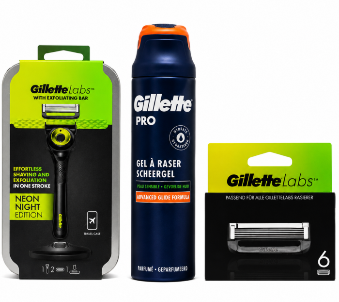 Gillette Labs Neon Станок 2 картриджі + футляр + Labs (6 шт) Змінні картриджі+Gillette Pro Sensitive Гель для гоління +🎁 Брендована косметичка Gillette
