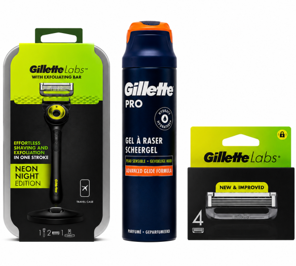 Gillette Labs Neon Станок 2 картриджі + футляр + Labs (4 шт) Змінні картриджі+Gillette Pro Sensitive Гель для гоління +🎁 Брендована косметичка Gillette