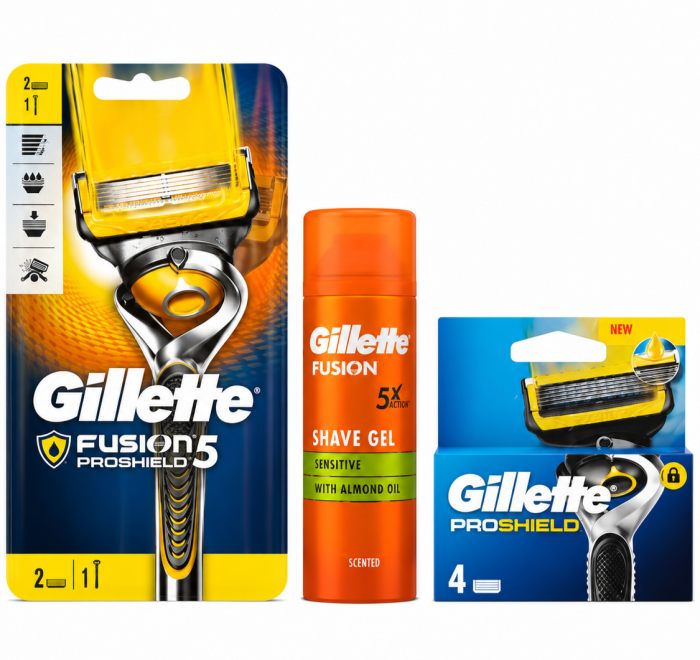 Gillette Proshield Станок 2 картриджі+Gillette Fusion Гель для гоління 75мл+Proshield (4 шт) Змінні картриджі
