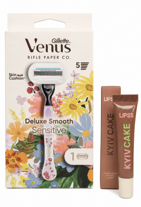 Venus Deluxe Flower Станок 1 картридж + Lipper Lipss Блиск для губ Kyiv Cake (Карамель та лісовий горіх) 9мл