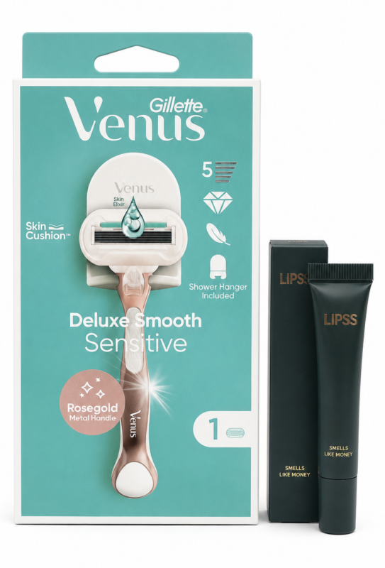 Venus Deluxe Sensitive Rosegold Станок 1 картридж + тримач + Lipper Lipss Блиск для губ Smells like money (Кава з корицею) 9мл