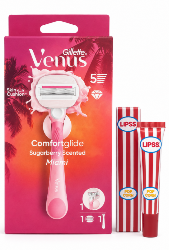 Venus Olay Sugarberry Miami Станок 1 картридж + тримач + Lipper Lipss Блиск для губ Popcorn (Солодкий попкорн) 9мл