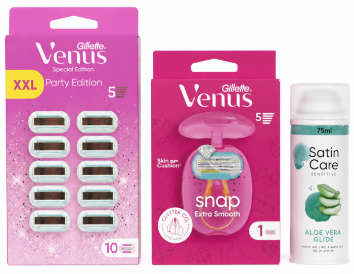 Venus Snap Станок 1 картридж+футляр+Venus Deluxe Party Edition Box (10шт) змінні картриджі+Satin Care Aloe Гель для гоління 75 мл