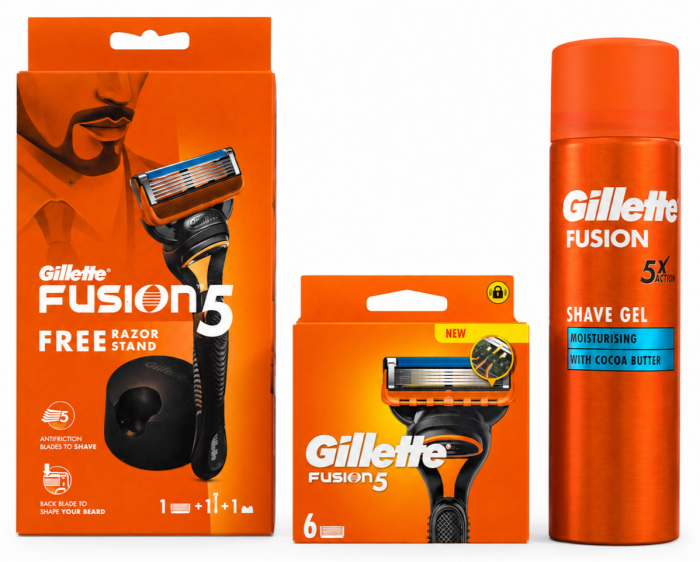 Gillette Fusion Станок 1 картридж + підставка + Fusion (6 шт) змінні картриджі + Fusion Moisturizing Гель для гоління 200мл