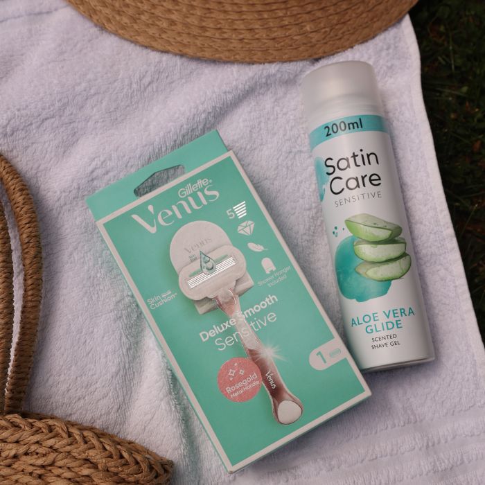 Venus Deluxe Rosegold 1+Satin Care Aloe Гель для гоління 200мл ( Ручка+1 картридж+тримач+ гель для гоління)